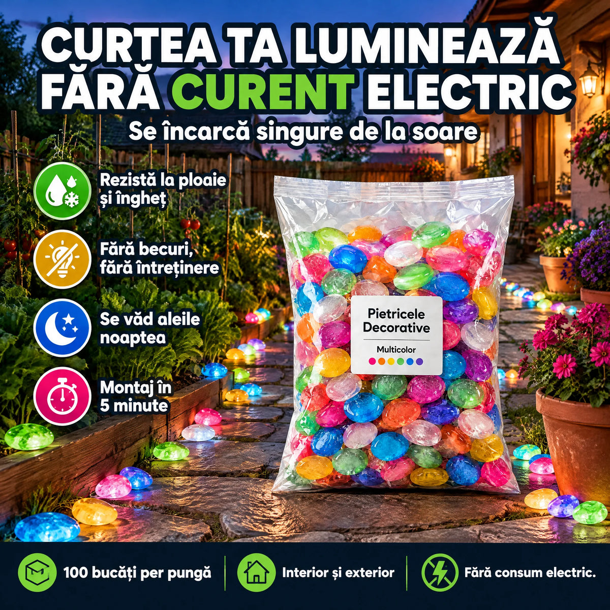 Pietricele Decorative LUMINĂ FĂRĂ CURENT GlowStone